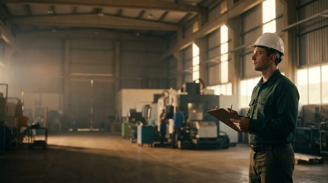 Profissional de segurança do trabalho com capacete e prancheta observa uma planta industrial em operação