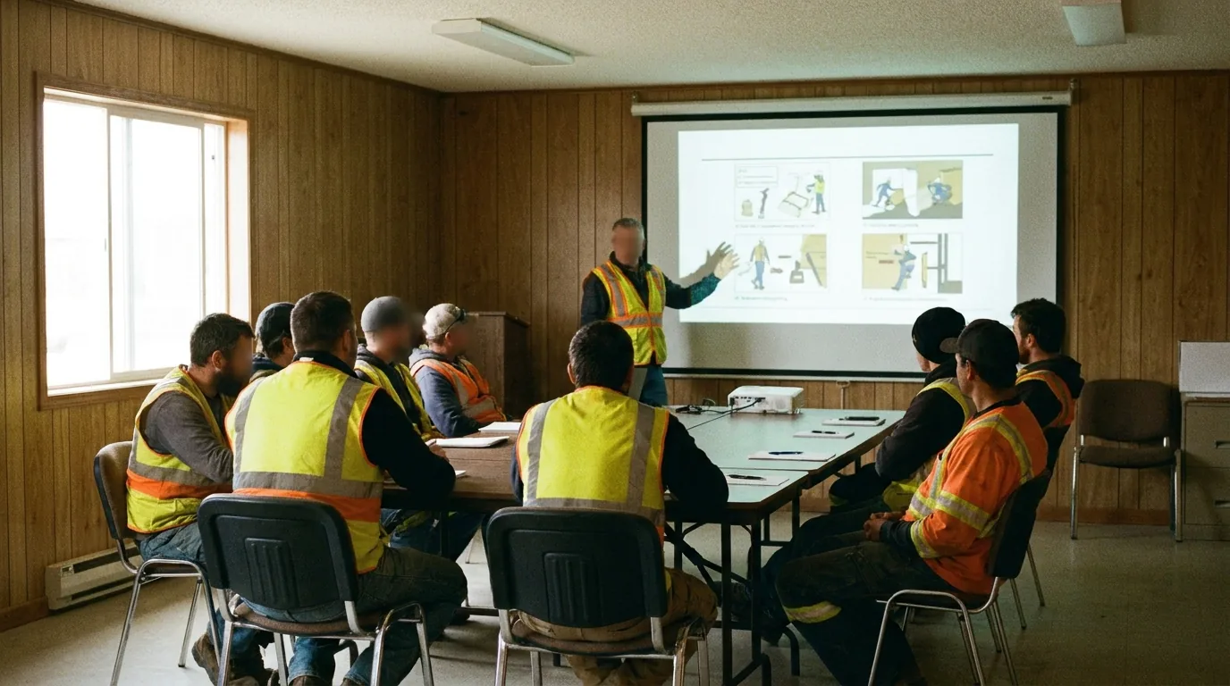 Turma de funcionários com colete de segurança assiste a um treinamento de norma regulamentadora em sala